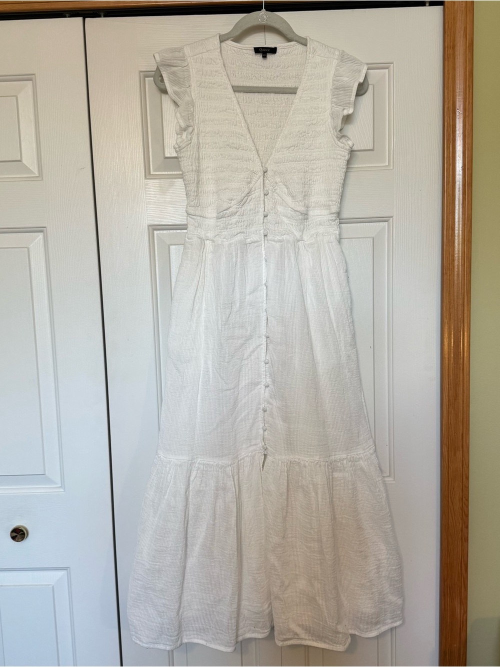 Quince Organic Textured Cotton Smocked V-Neck Midi Dress White XS - Picture 4 of 14